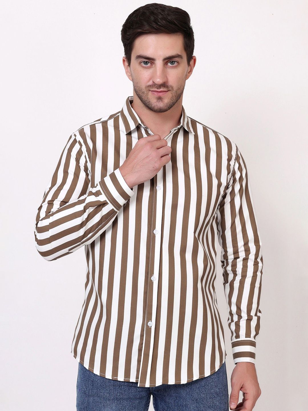QUMASH FASHION Men Comfort Slim Fit Striped Spread Collar Cotton Casual Shirt