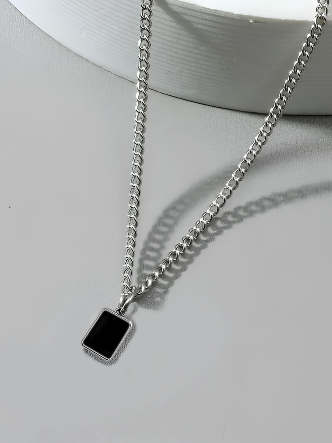 Carlton London Men Stainless Steel Square Shaped Stone Studded Pendant With Chain