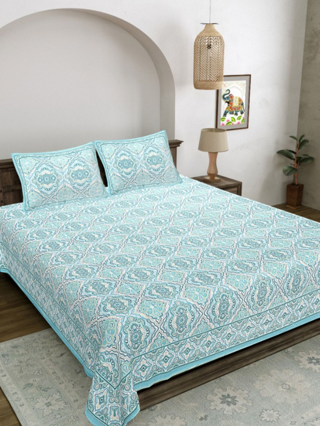 LIVING ROOTS Blue & White Floral Printed Cotton 300 TC King Bedsheet Set- 2.64 m x 2.43 m