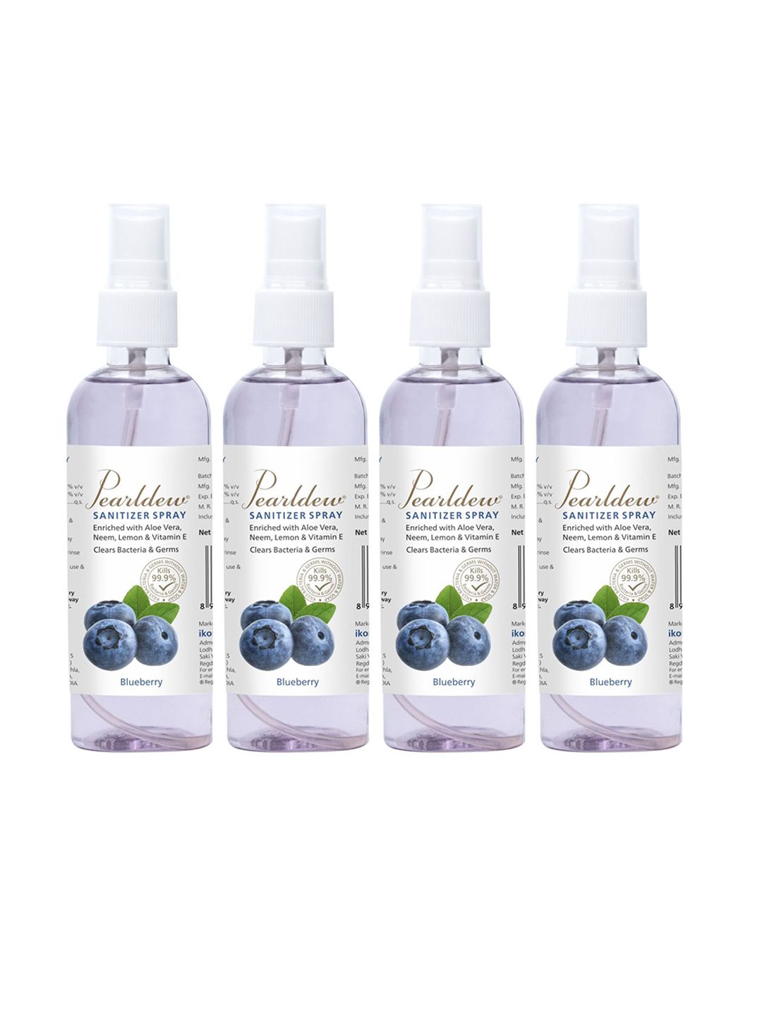 Pearldew Set Of 4 Hand Sanitizer With Neem & Aloe Vera - 120 ml Each - Blueberry