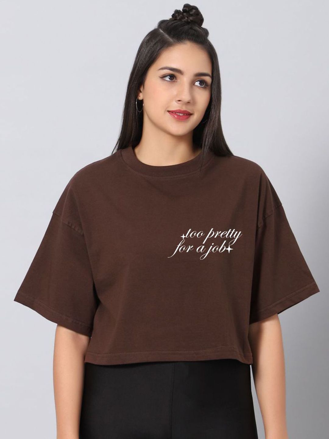 Besick Typography Printed Drop-Shoulder Sleeves Cotton Crop T-shirt