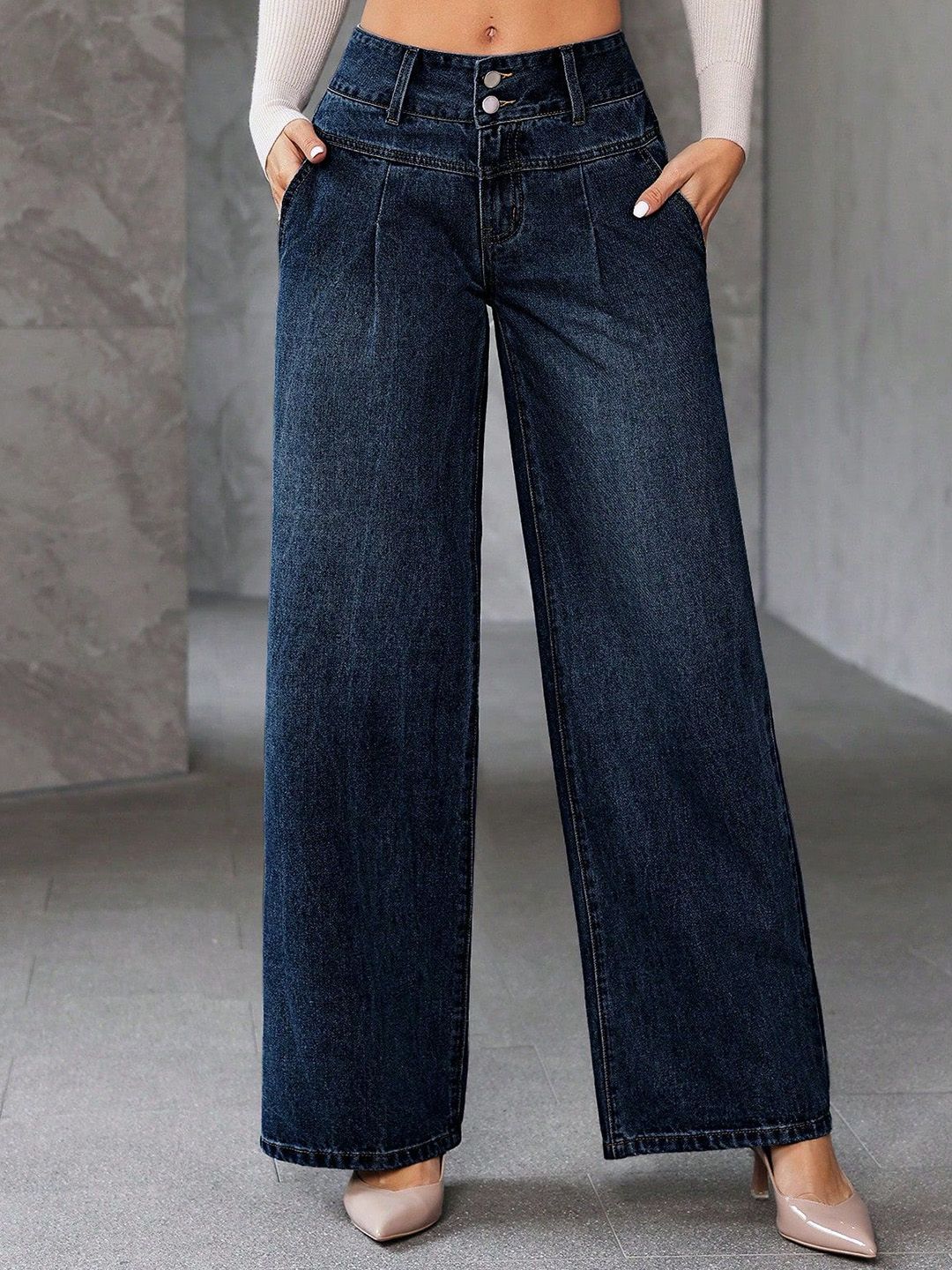 Glossia Women Loose Wide Leg High-Rise Light Fade Acid Wash Stretchable Jeans