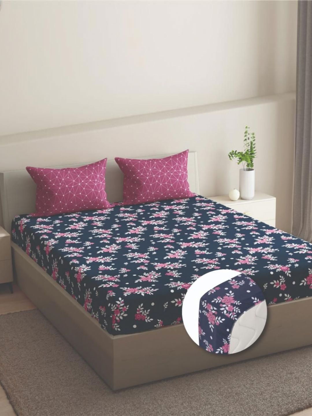 wakefit Blue Floral 144 TC King Bedsheet Set- 2.74 m x 2.74 m