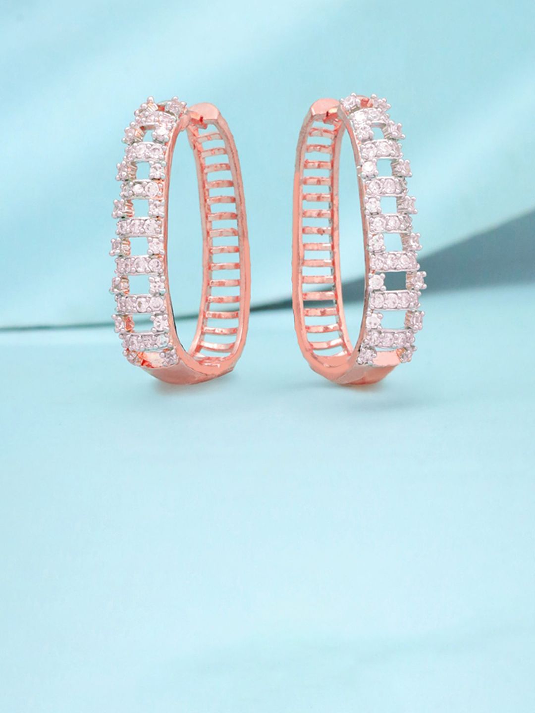 Yellow Chimes Rose Gold Plated AD Studded Contemporary Half Hoop Earrings