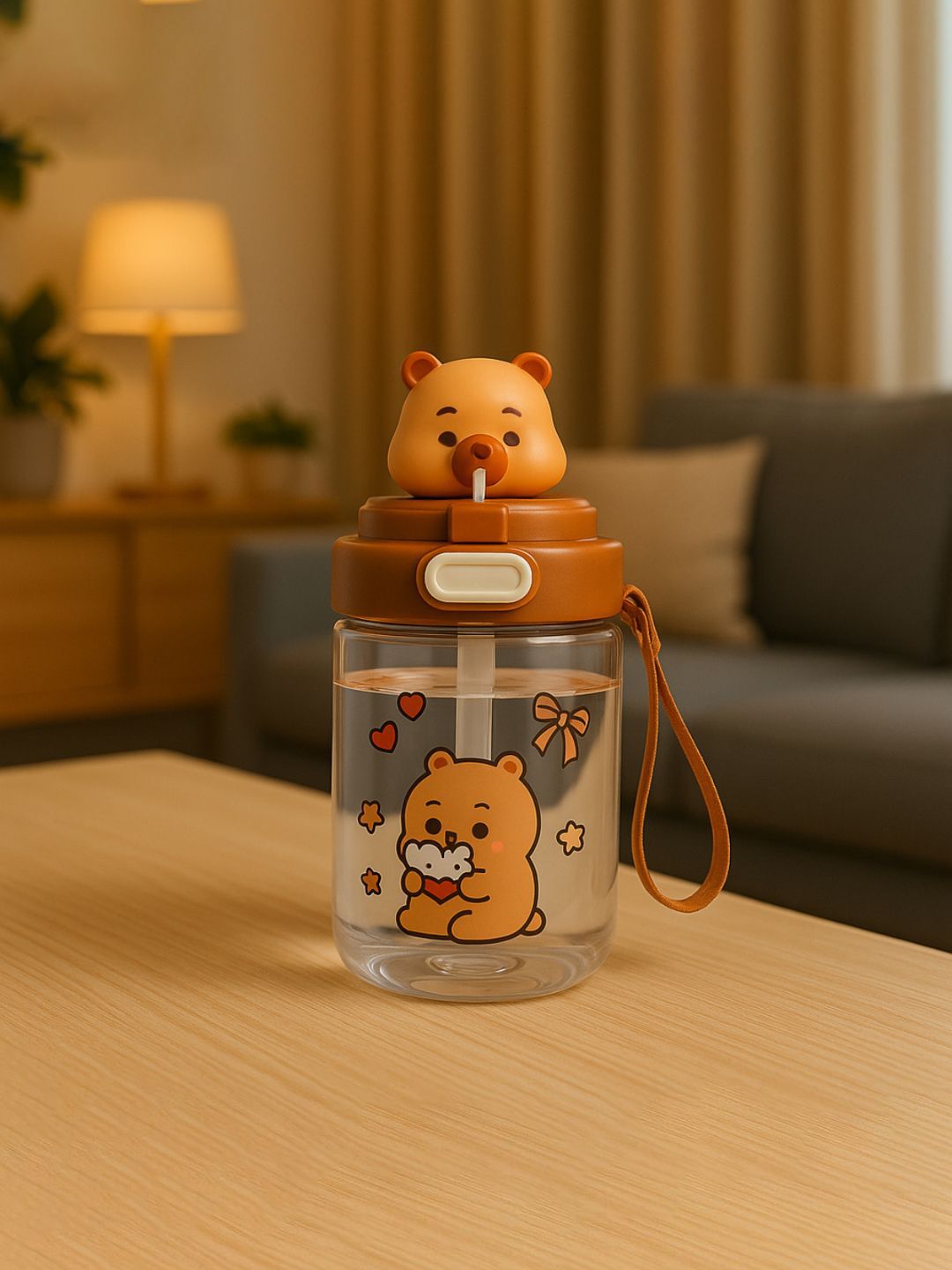 GUCHIGU Kids Brown & Yellow Printed Leak-Proof Sipper Water Bottle With Straw 450ml