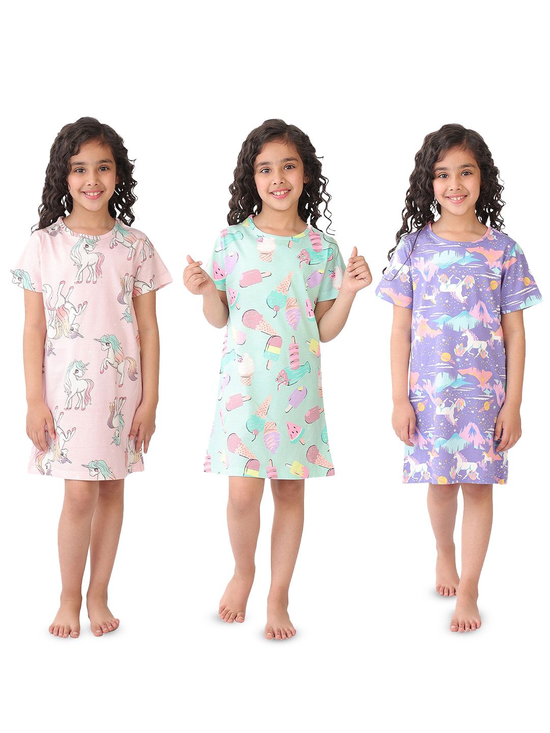 Girl Pack Of 3 Unicorn Star, Ice cream and Unicorn Planet Night Dress 8