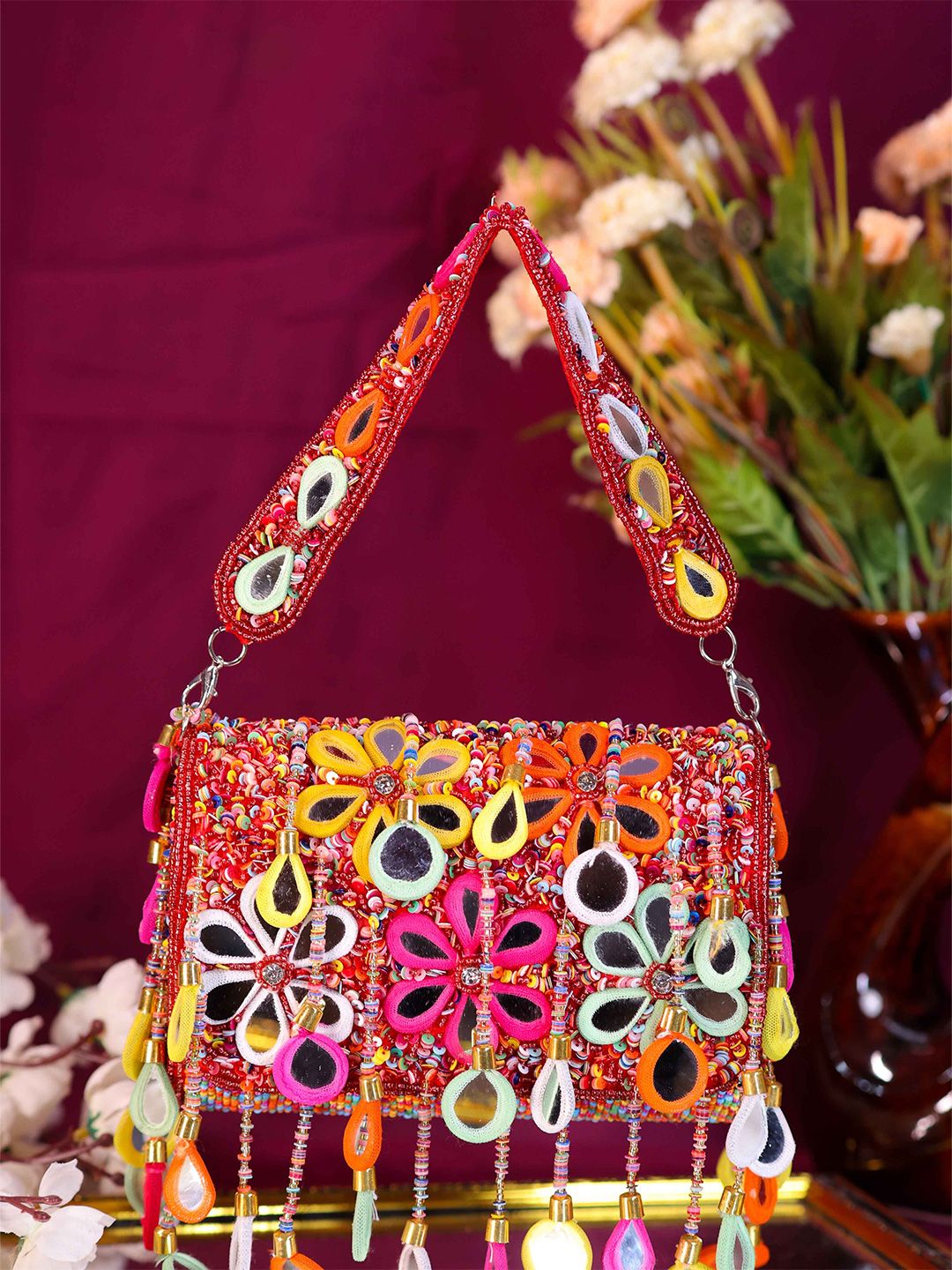 Swisni Floral Embellished Mirror Work Structured Handheld Bag
