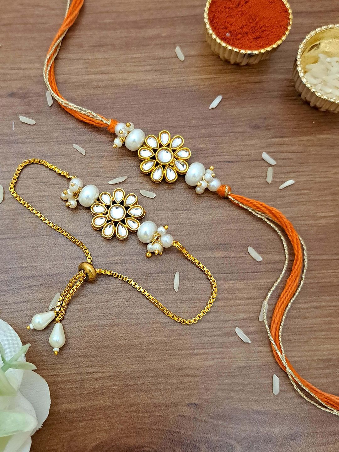 MERYCRAFT Set Of 2 Artificial Stones Studded & Beaded Bhaiya Bhabhi Rakhi