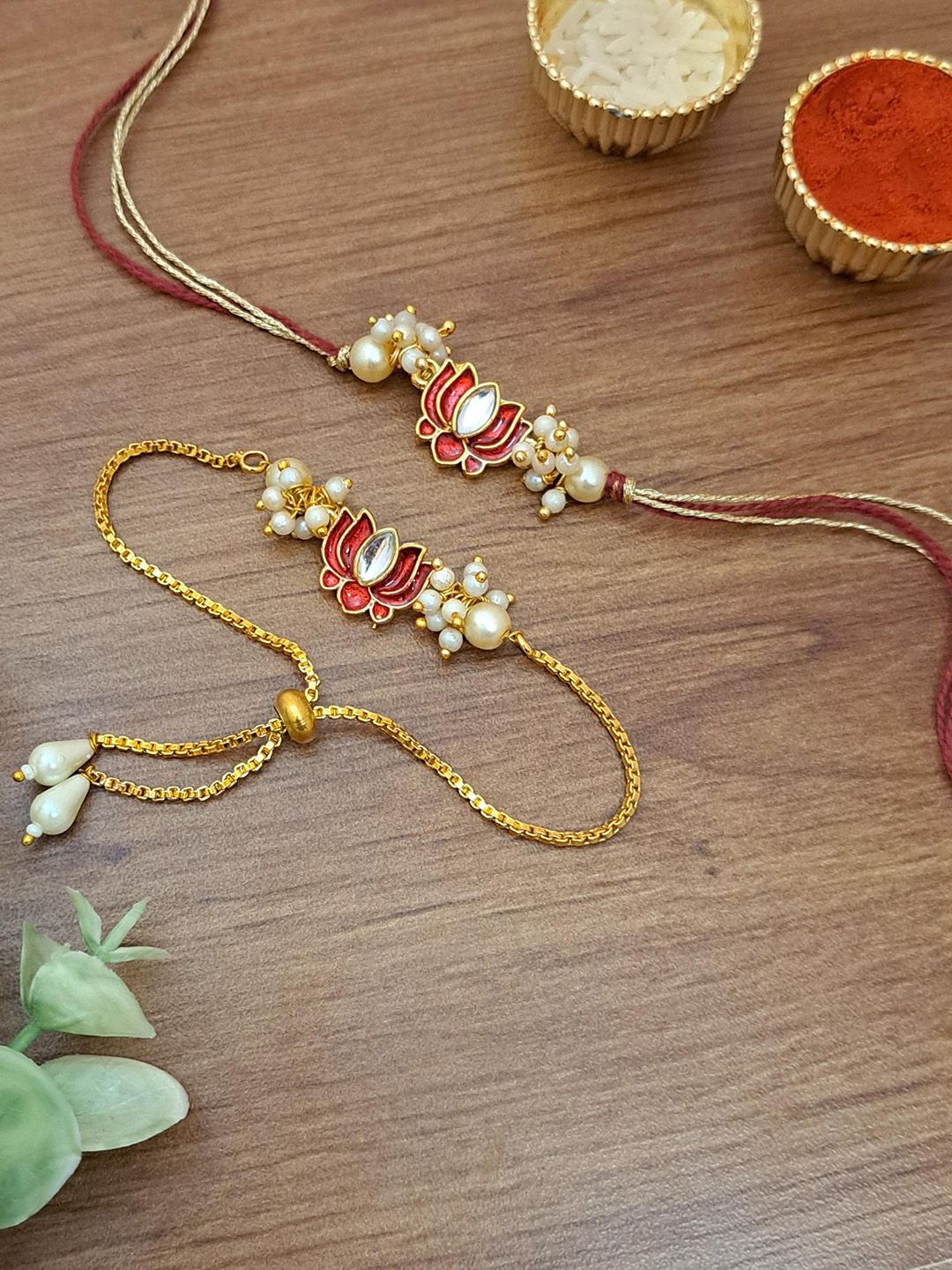 MERYCRAFT Set Of 2 Artificial Stones Studded & Beaded Bhaiya Bhabhi Rakhi
