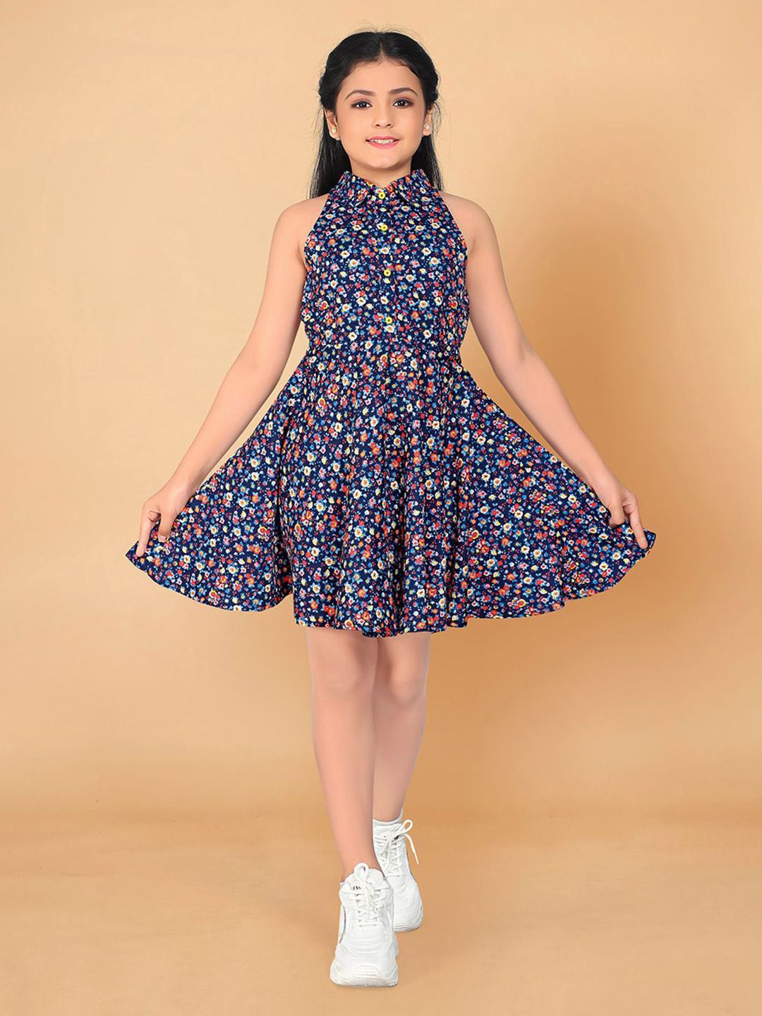 YK Girls Navy Blue Rayon Floral Printed A-Line Dress