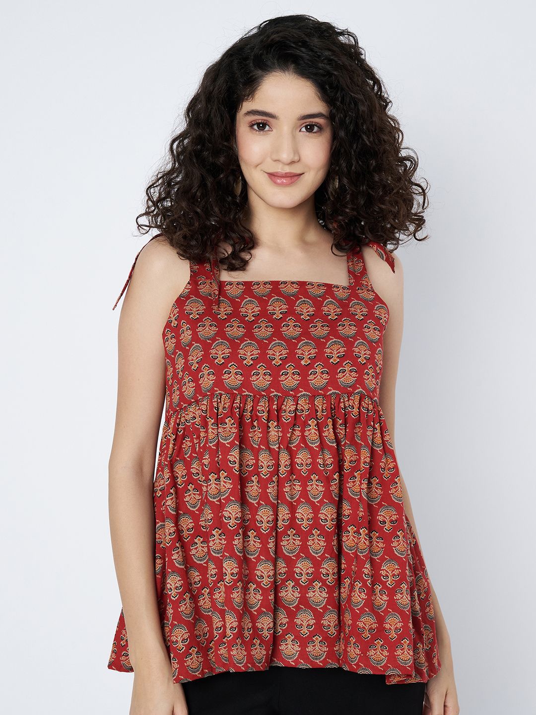 9rasa Geometric Print Indigo Cotton Peplum Top