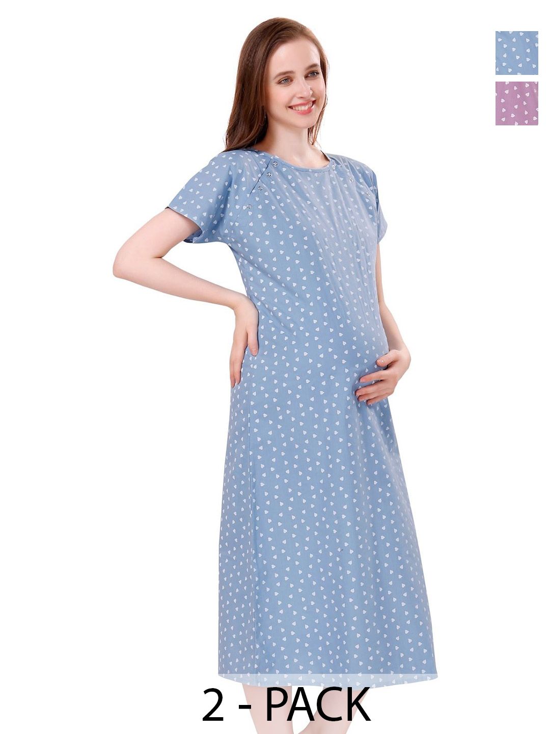 Piu Women Pack Of 2 Printed Maternity Midi Nightdress