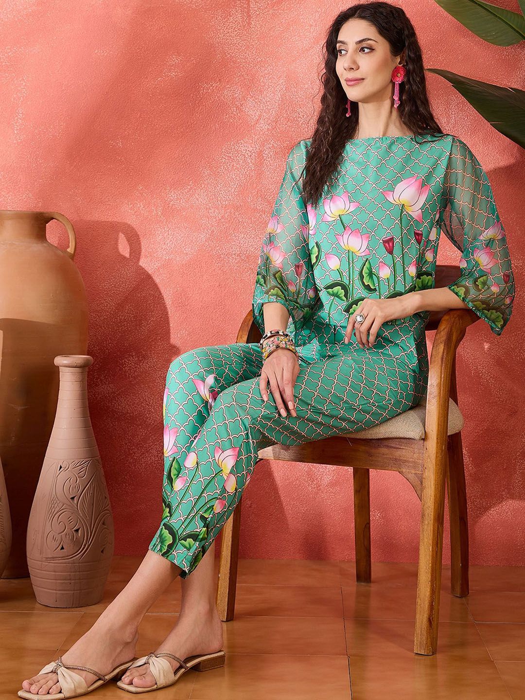 Sangria Printed Boat Neck Top With Trousers