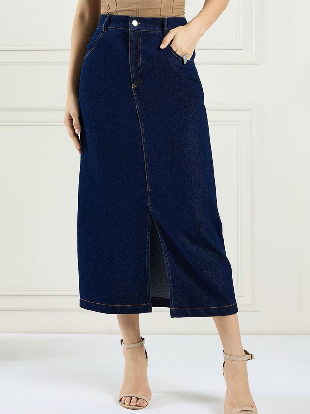 Tripursundari Fashion Denim Buttoned With Zip Front Slit A-Line Midi Skirt