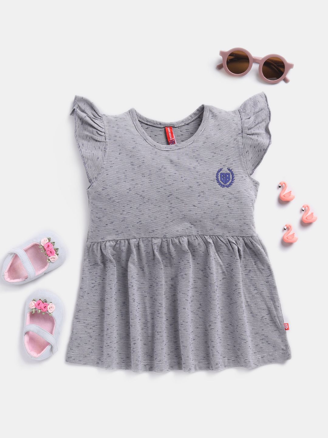 Here&Now X Game Begins Girls Striped Flutter Sleeve Fit & Flare Dress