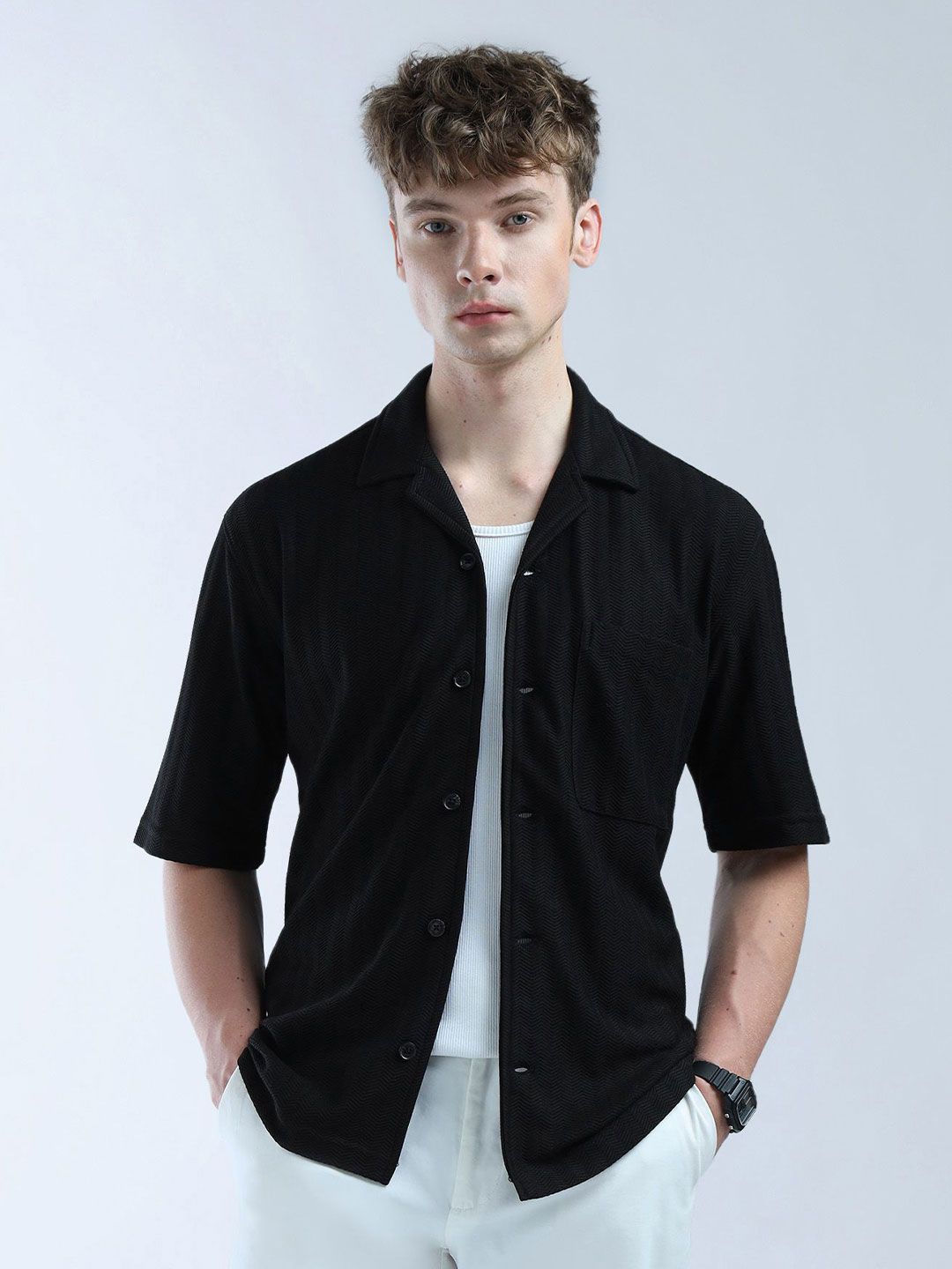 Flying Machine Men Relaxed Oversized Fit Cuban Collar Solid Cotton Casual Shirt