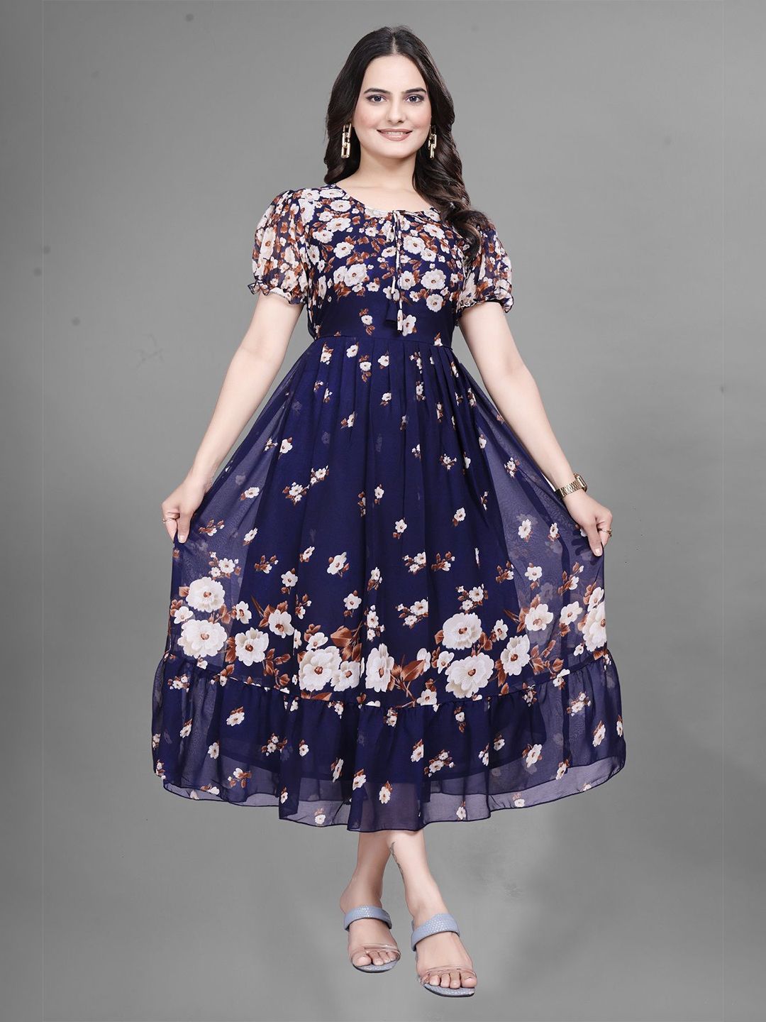 KRISHTI CREATION Women Floral Print Puff Sleeve Georgette Fit & Flare Maxi Dress