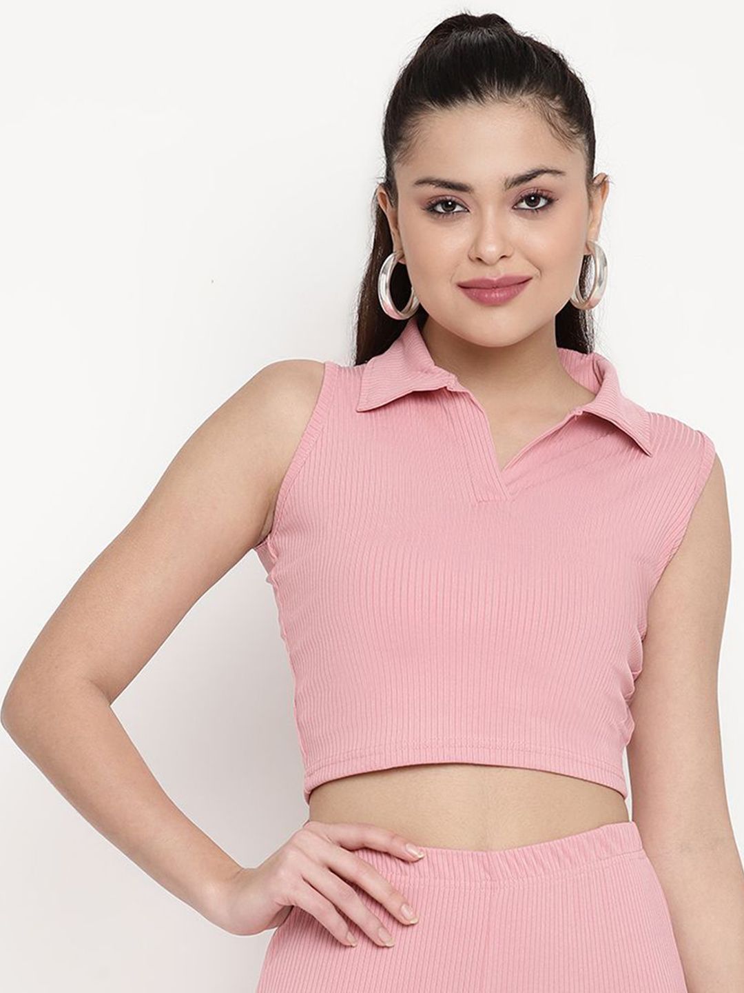 Sugathari Women Ribbed Shirt Collar Fitted Crop Top