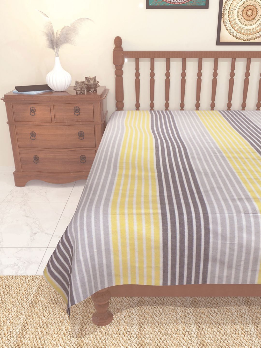 Myntra Elegant Homes Yellow & Grey Striped 180 TC Cotton Single Bedsheet 1.5 m x 2.4 m