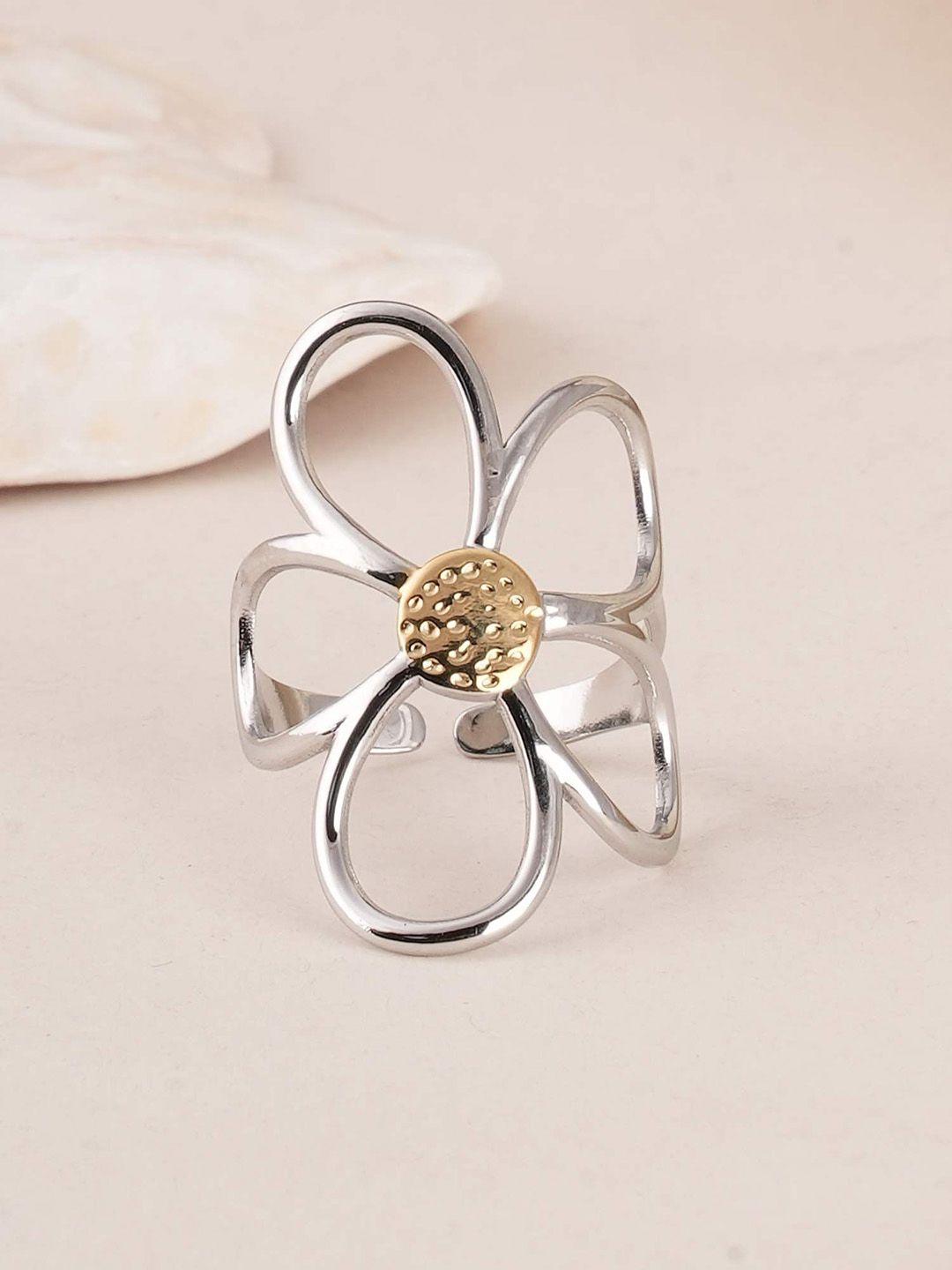 PALMONAS Rhodium Plated Stainless Steel Waterproof & Anti Tarnish Daisy Flower Finger Ring