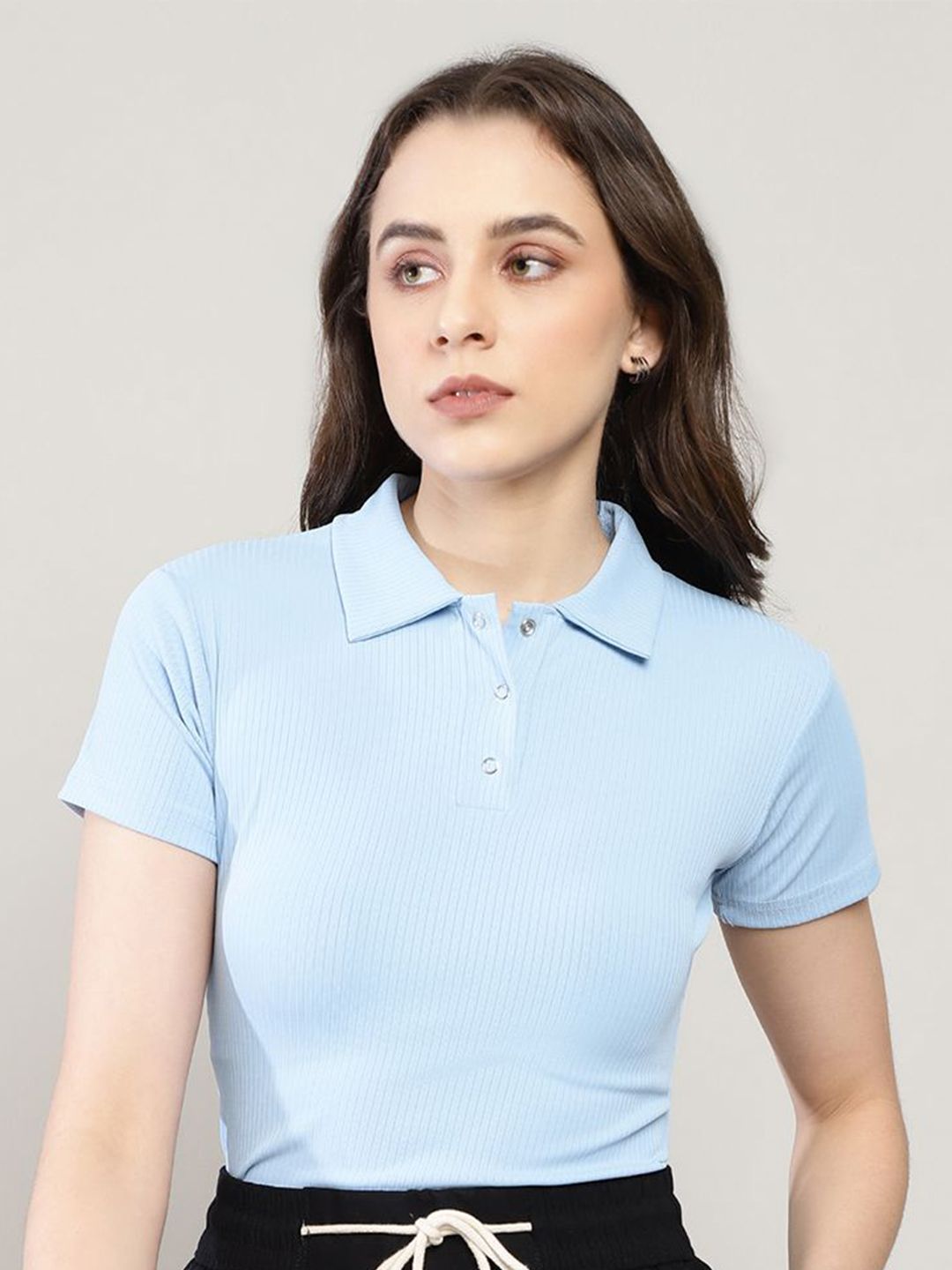 Sugathari Ribbed Shirt Collar Fitted Top
