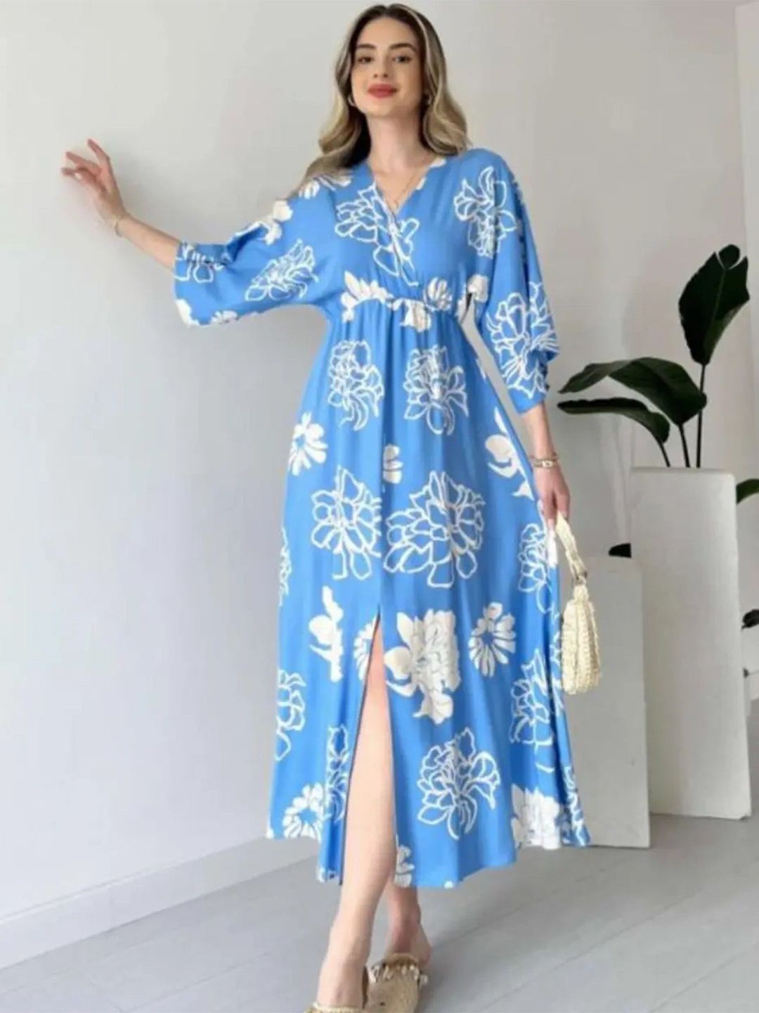 Pimu Women Floral Printed V-Neck Midi Maxi Dress