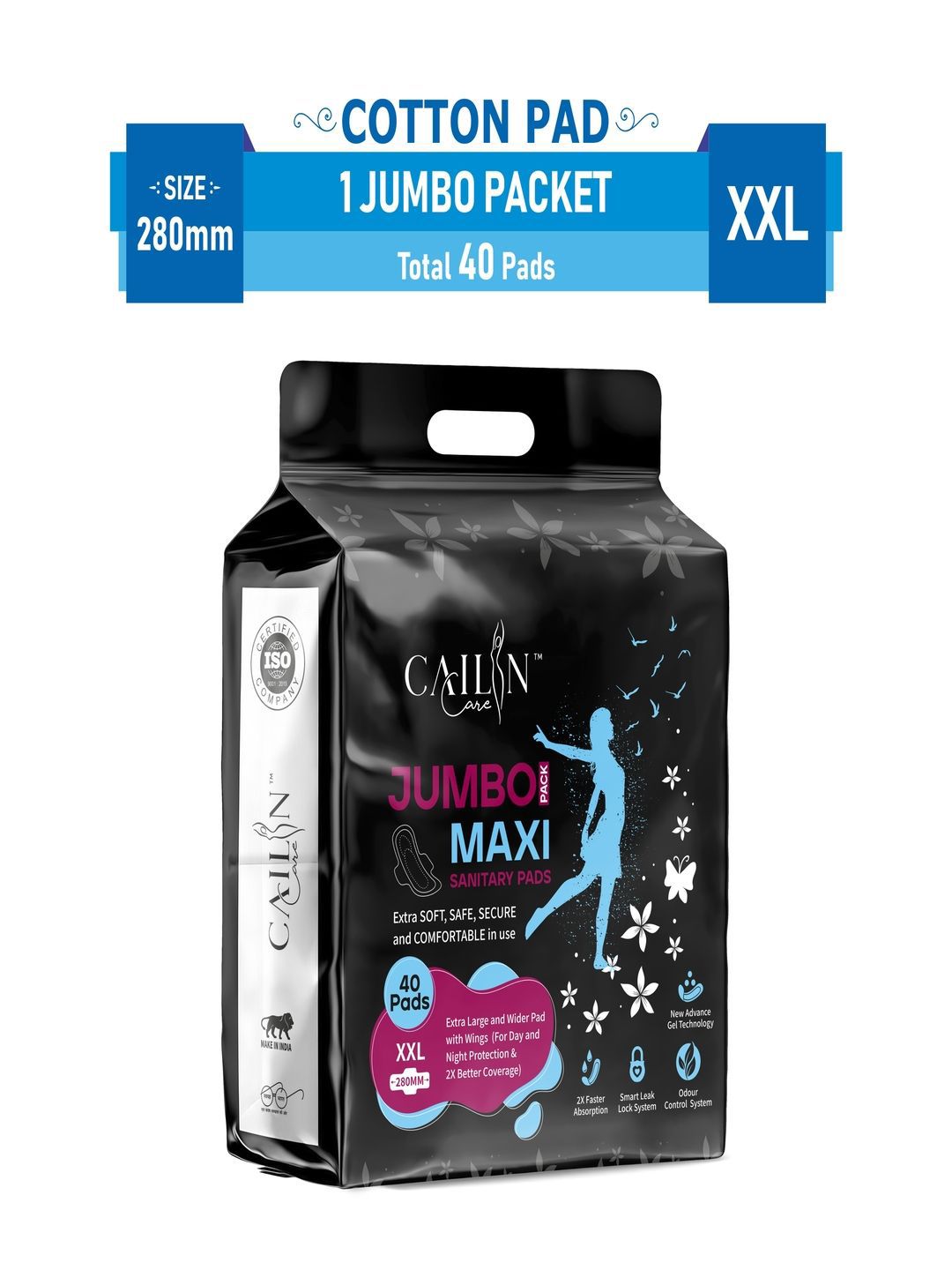 Cailin Care Jumbo Antibacterial Skin-Friendly Soft Cotton Maxi Sanitary Pads XXL - 40 Pads