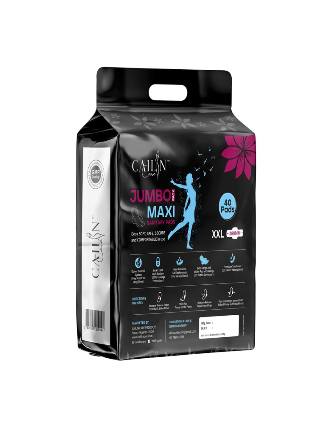 Cailin Care Jumbo Maxi Rash Free Organic Cotton Sanitary Pads - XXL - 40 Pads
