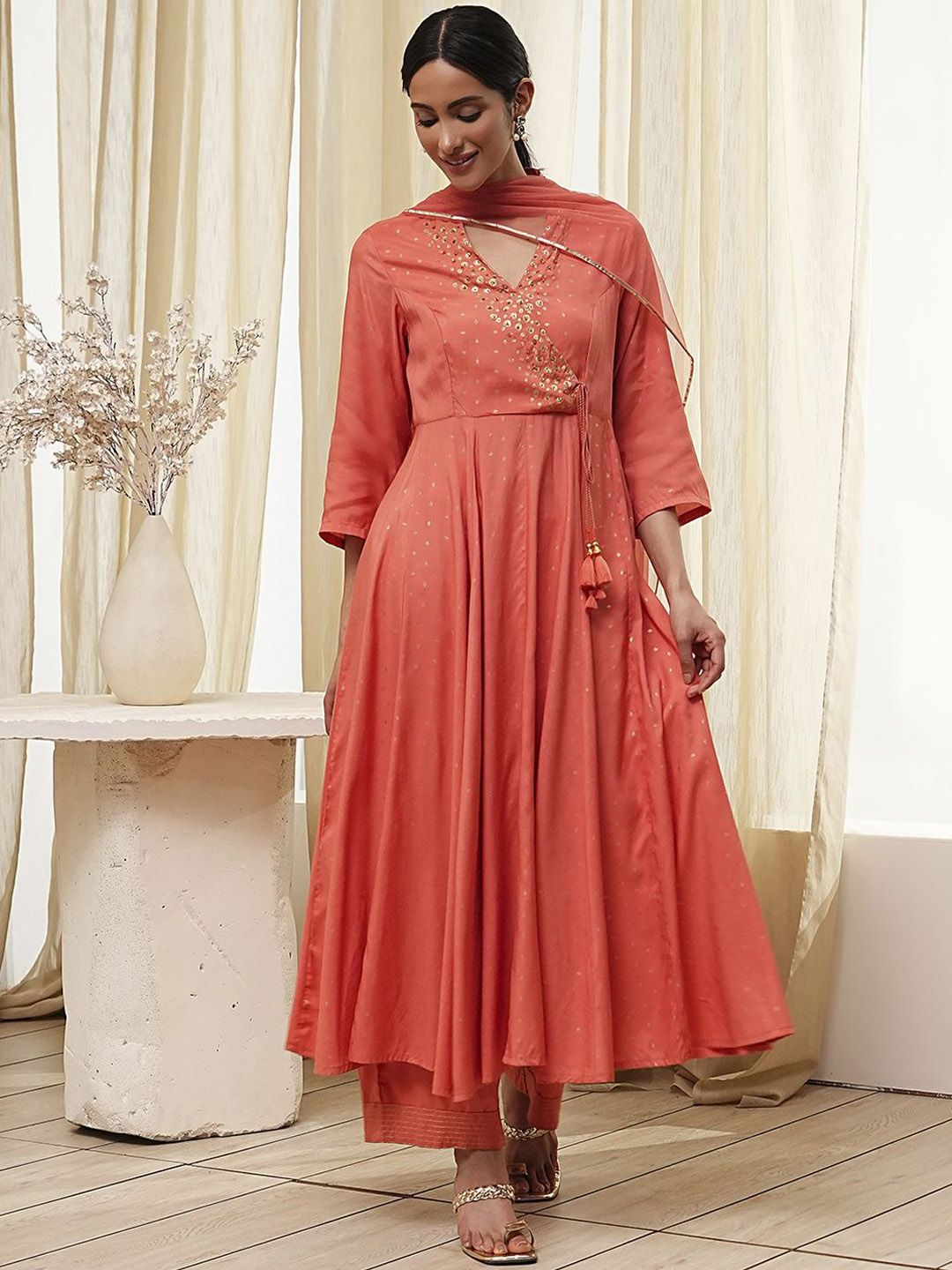 Biba Geometric Printed Angrakha Embroidered Anarkali A-Line Kurta With Palazzos & Dupatta