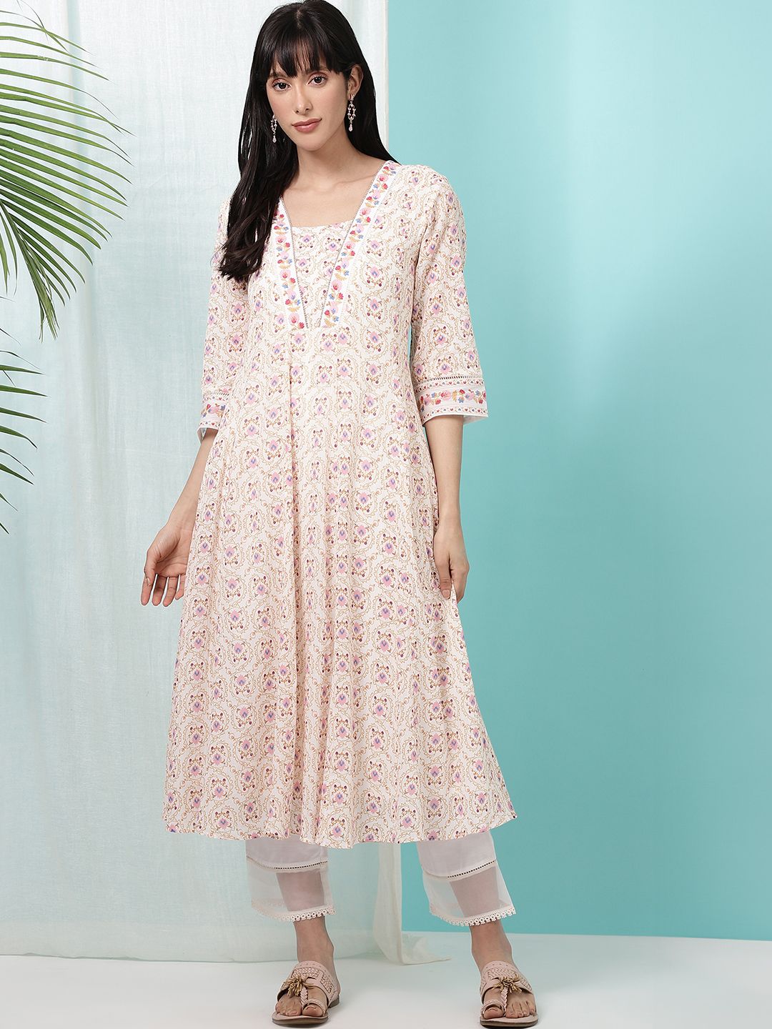 W Floral Printed Cotton Gotta Patti V-Neck Anarkali Kurta