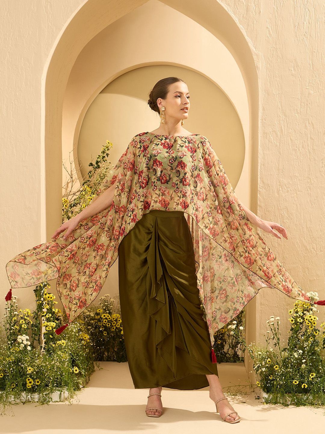 Antheaa Printed Boat Neck Kimono Top With Rouched Skirt