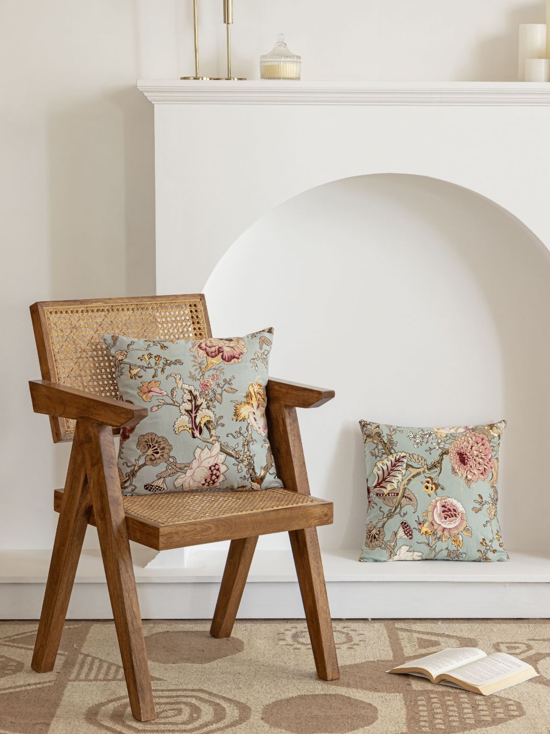 Clasiko Green Floral Cotton Washable 2 Piece Square Cushion Covers -20x20In