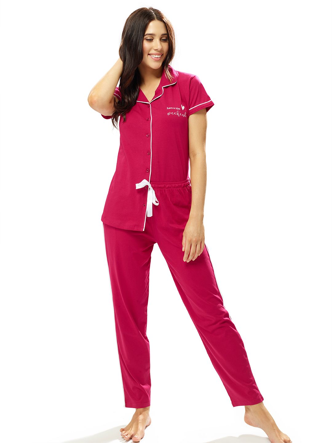 Lotik Women Lapel Collar Shirt & Pyjama Night suit