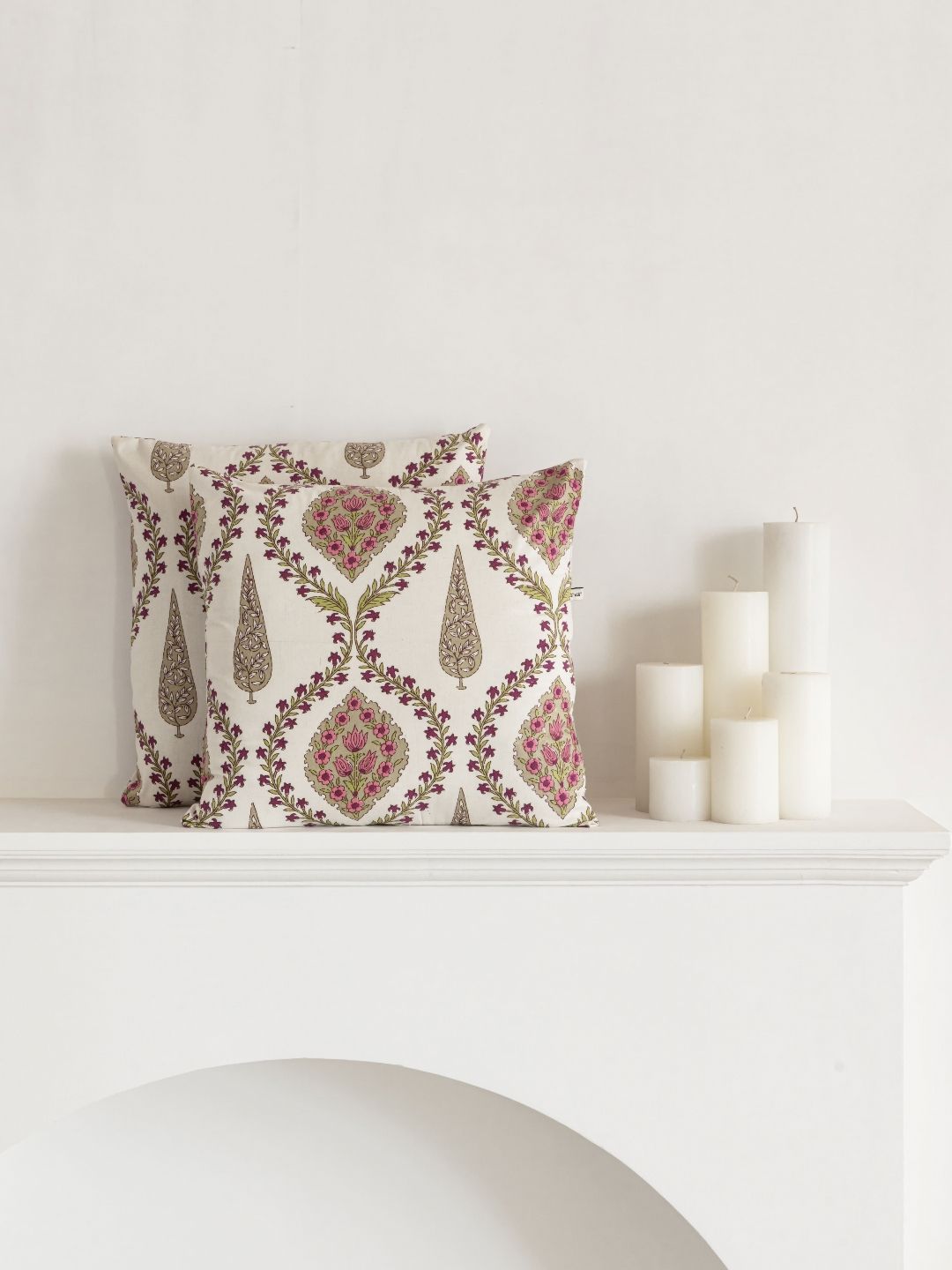 Clasiko White & Purple 2 Pieces Floral Printed Cotton Square Cushion Covers