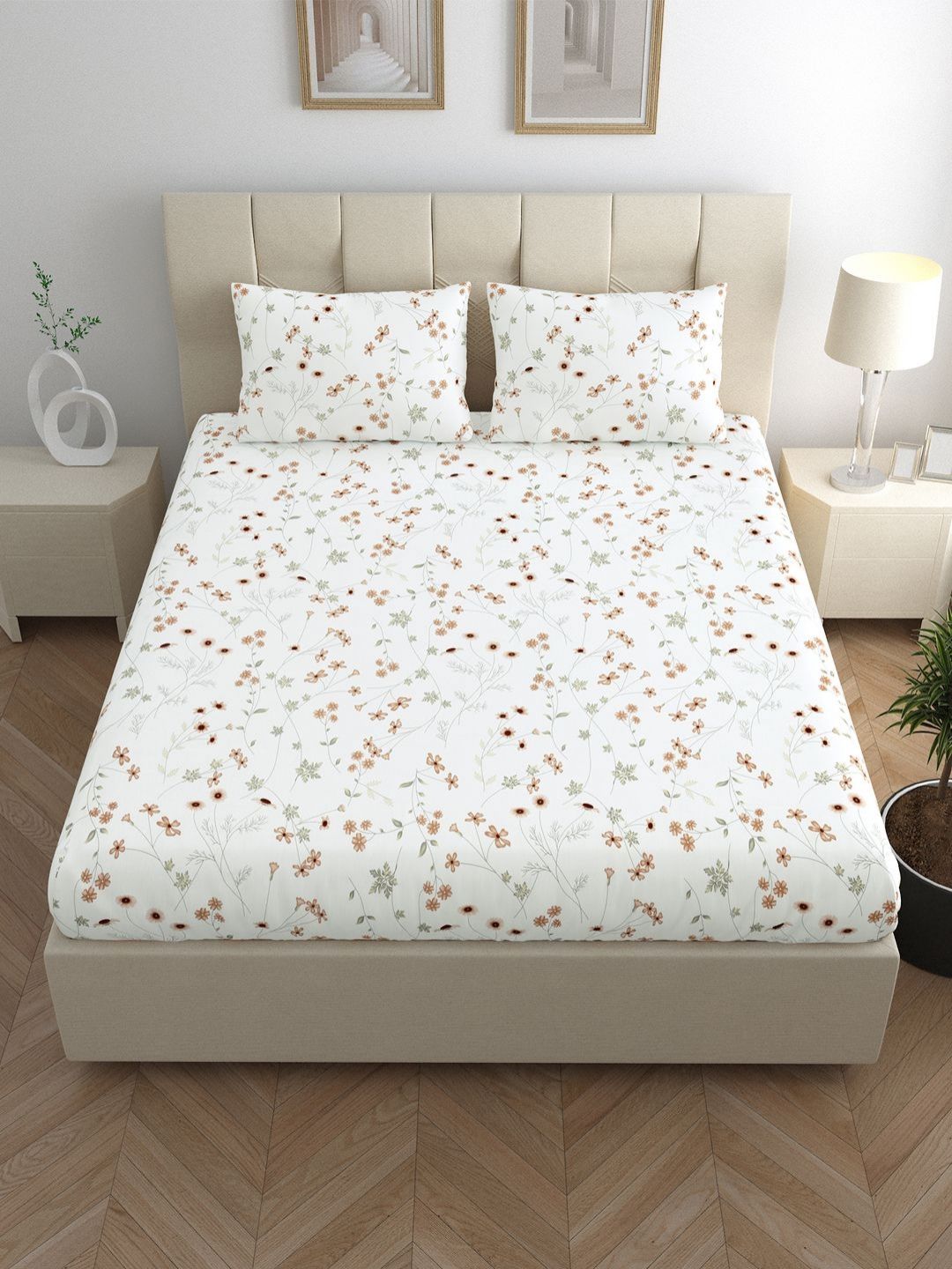 LINENWALAS Happy Sleeping Pink Floral 210 TC Queen Bedsheet with 2 Pillow Covers