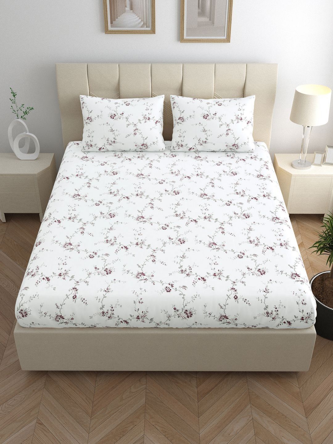 LINENWALAS Happy Sleeping Vineyard White Floral Pure Cotton 210 TC Fitted King Fine Bedsheet with 2 Pillow Covers-108 x 108 inches