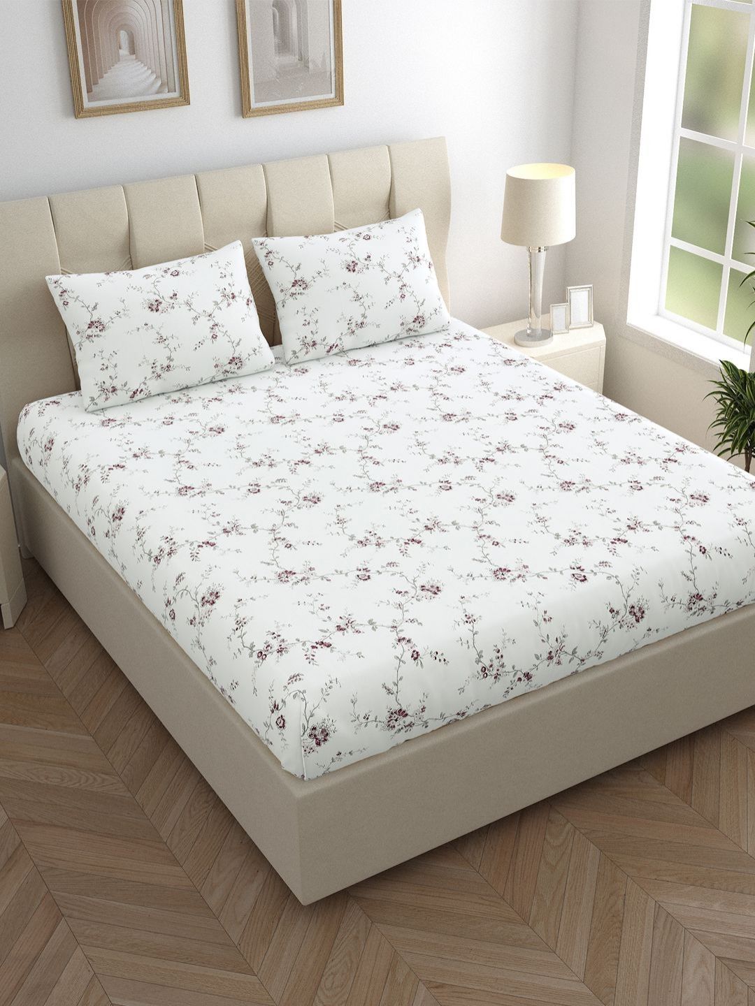 LINENWALAS Happy Sleeping Purple Floral Pure Cotton 210 TC Fitted Queen Fine Bedsheet with 2 Pillow Covers-152.4 x 198.12 cm