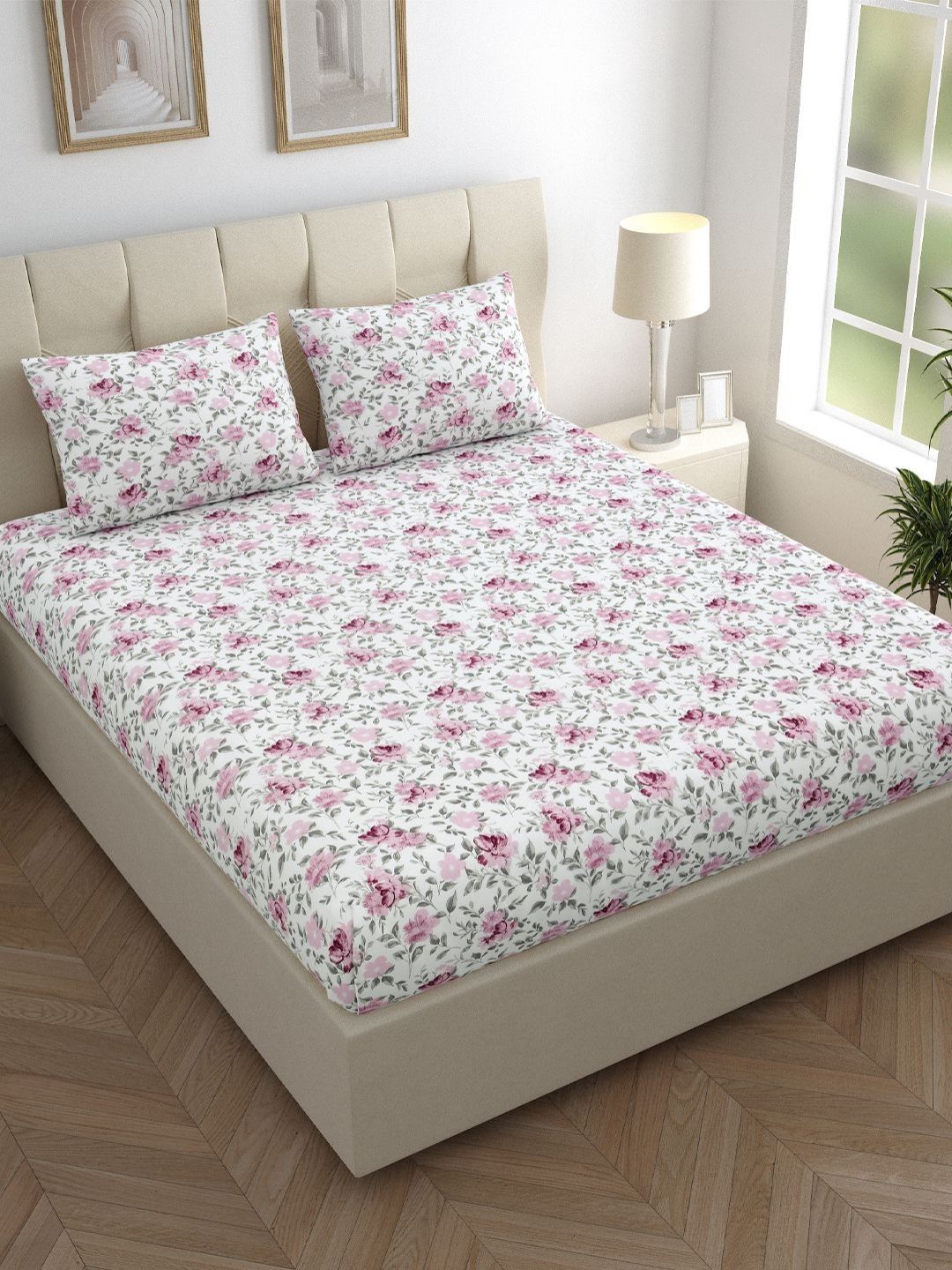 LINENWALAS Happy Sleeping Green & White Floral 210 TC Single Bedsheet with 1 Pillow Covers