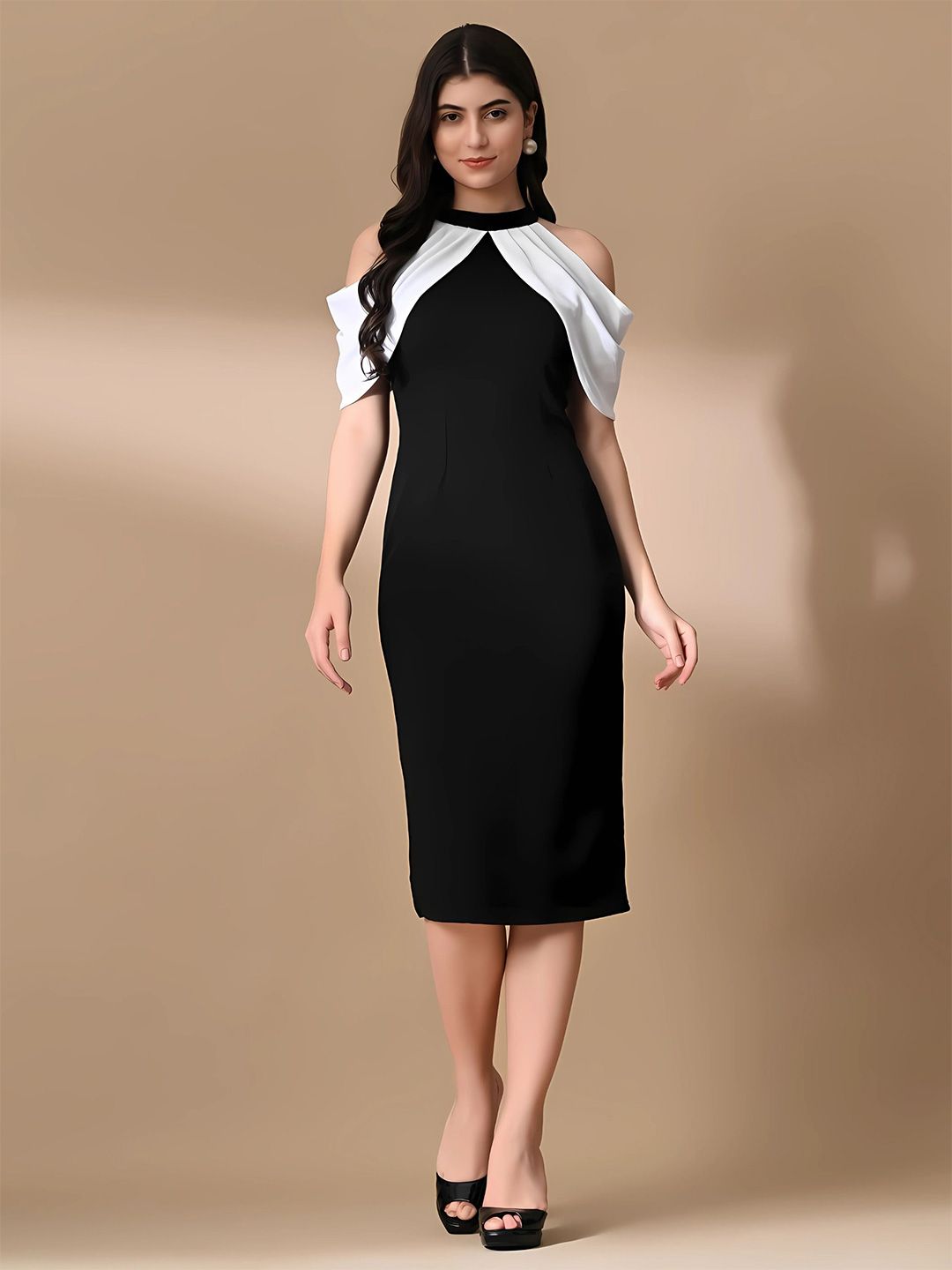 Zelzis Women High Neck Cold-Shoulder Sleeves Midi Bodycon Dress