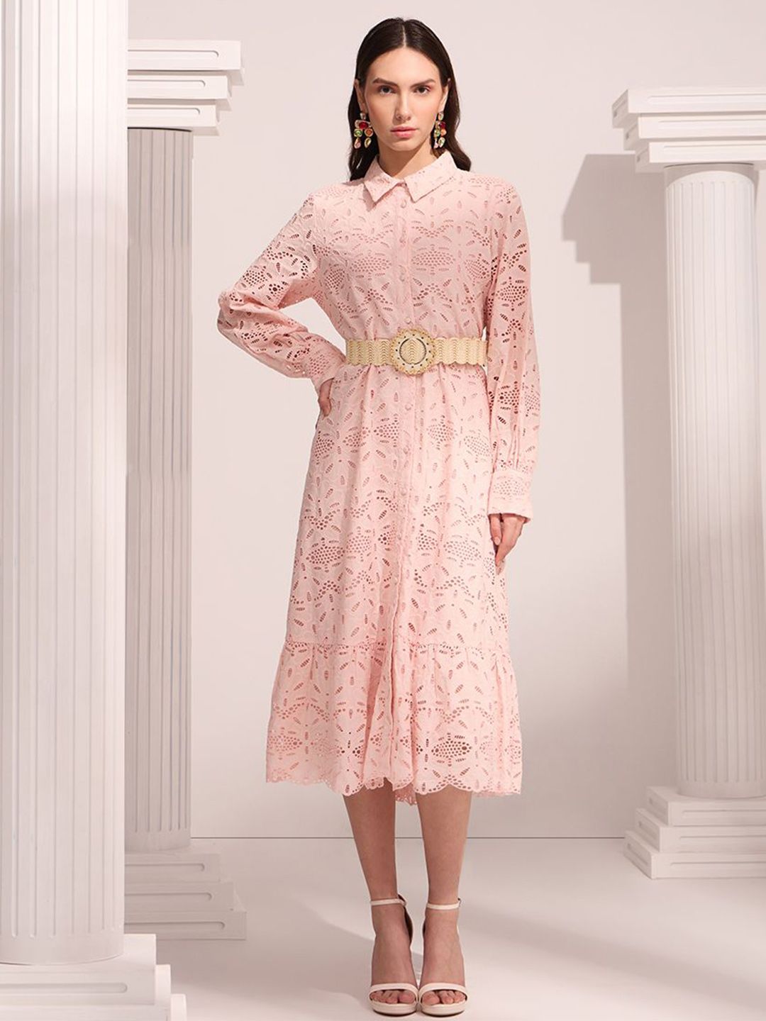 Vero Moda Self Design Shirt Collar Fit & Flare Midi Dress