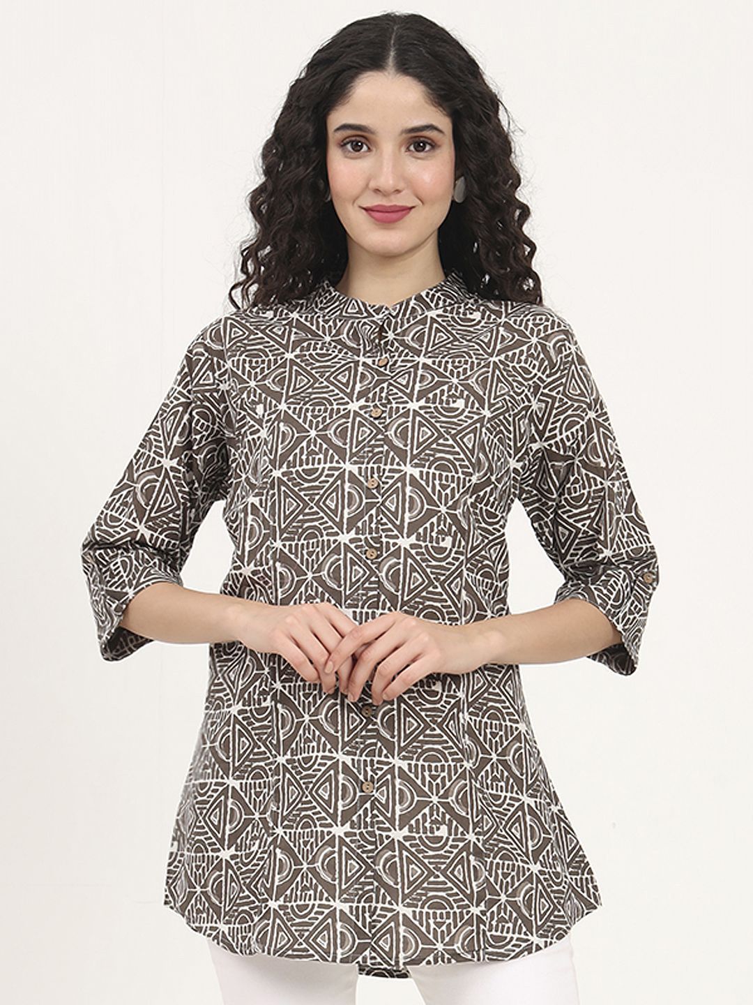 Divena Tribal Print Mandarin Collar Roll-Up Sleeves Cotton Shirt Style Top