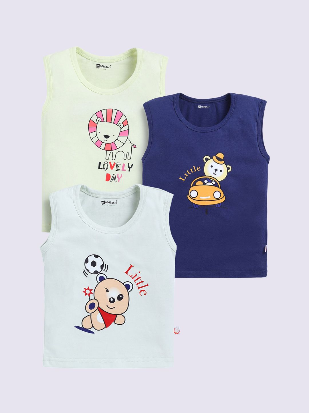 MooNKids Infants Pack Of 3 Printed Cotton Basic Vests MK_Vest_343 Navy Lime Powder blue