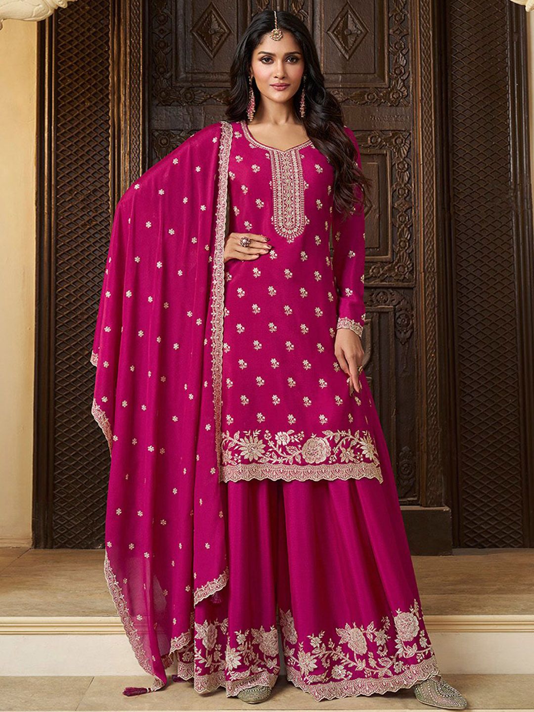 Seerat Floral Embroidered Sweetheart Neck Sequinned Straight Kurta With Palazzo & Dupatta