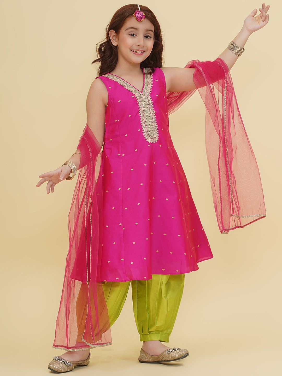Girls Floral Embroidered Sequinned Kurta With Salwar & Dupatta 4