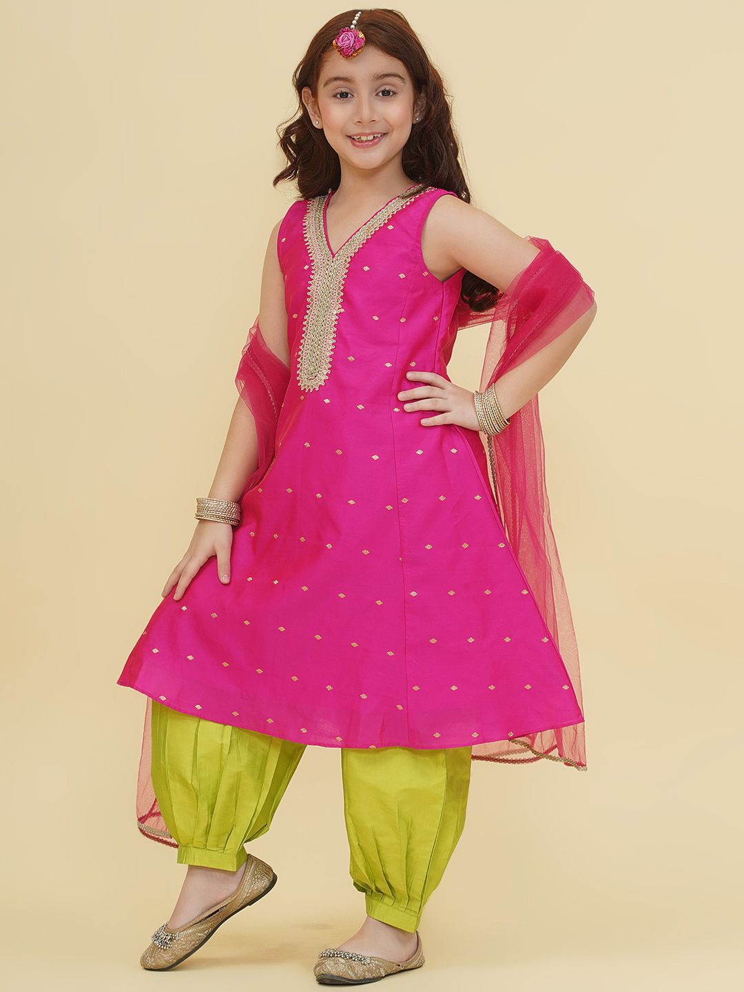 Girls Floral Embroidered Sequinned Kurta With Salwar & Dupatta 5