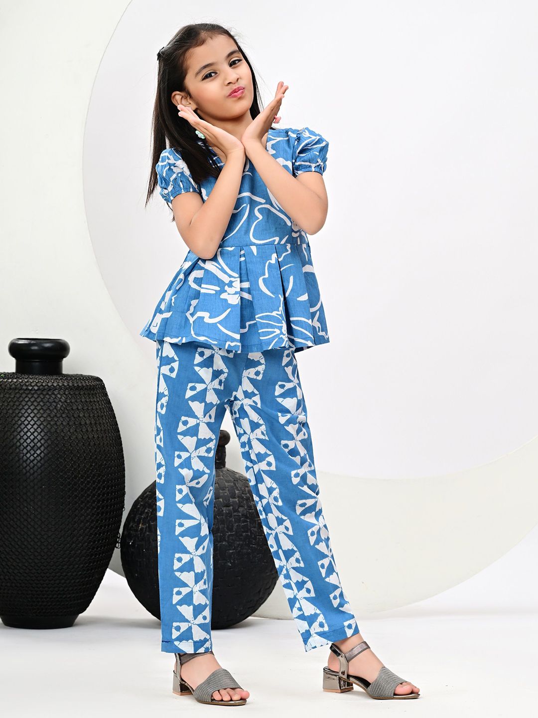 JAANYA Girls Abstract Printed Square Neck Cotton Top & Trousers