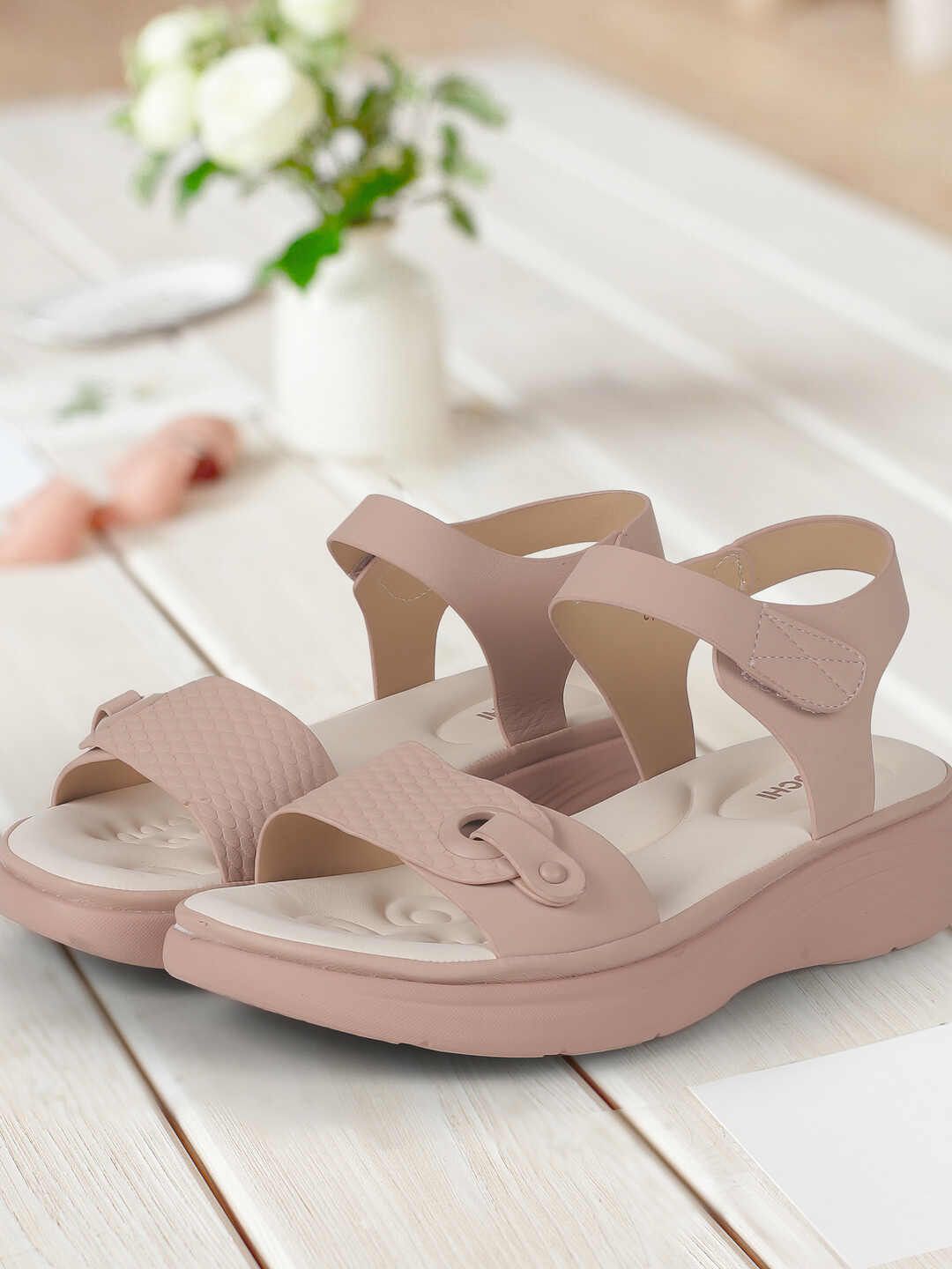 Mochi Womens Peach Open Toe Platform Velcro closure Sandal