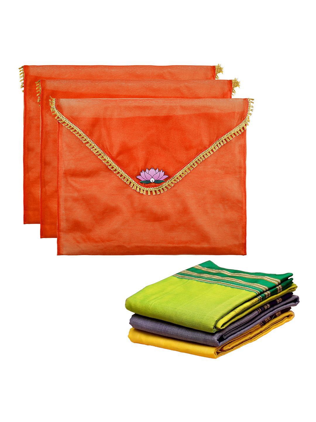 Kuber Industries Orange 3 Pieces Organza Multi Utility Organisers With Flap Closure