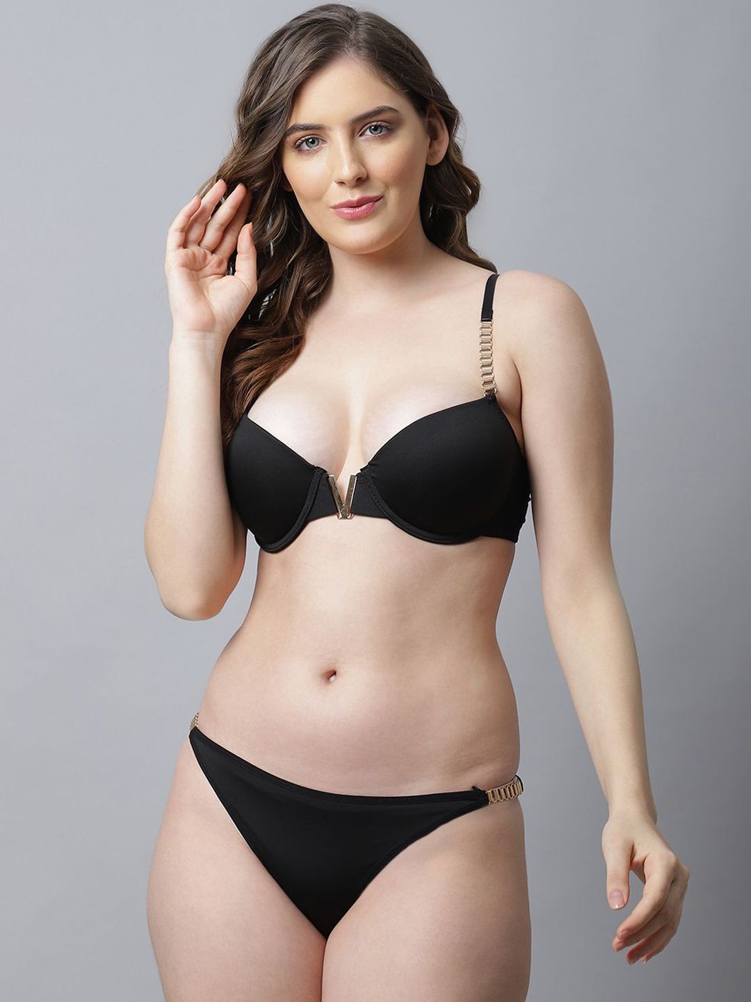 Quttos Plunge Chain Strap Lingerie Set QT-SET-6086-BLK-34C