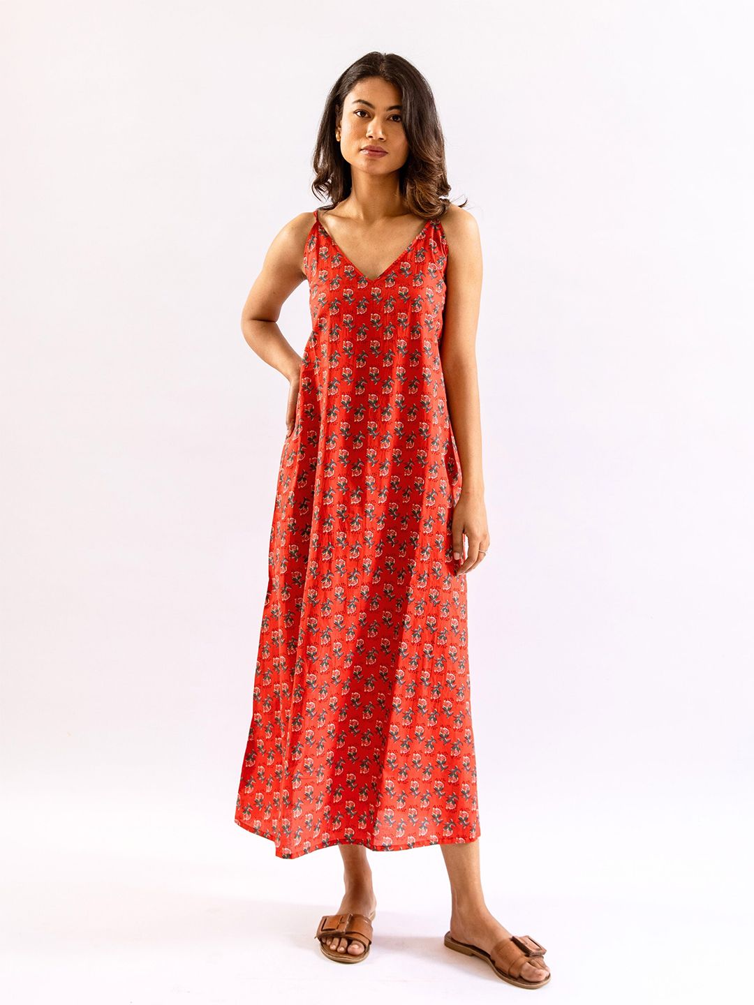 FEATHERS CLOSET Red Relax Bliss Pure Cotton Night Maxi